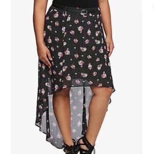 Torrid Hi Low Floral Skirt Womens Size 16 Black White Polka Dot Sheer Pink